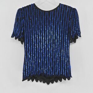 Vtg 80s STENAY Womens Silk Beaded Top Size M Sequin‎ Black Blue Stripe Scalloped